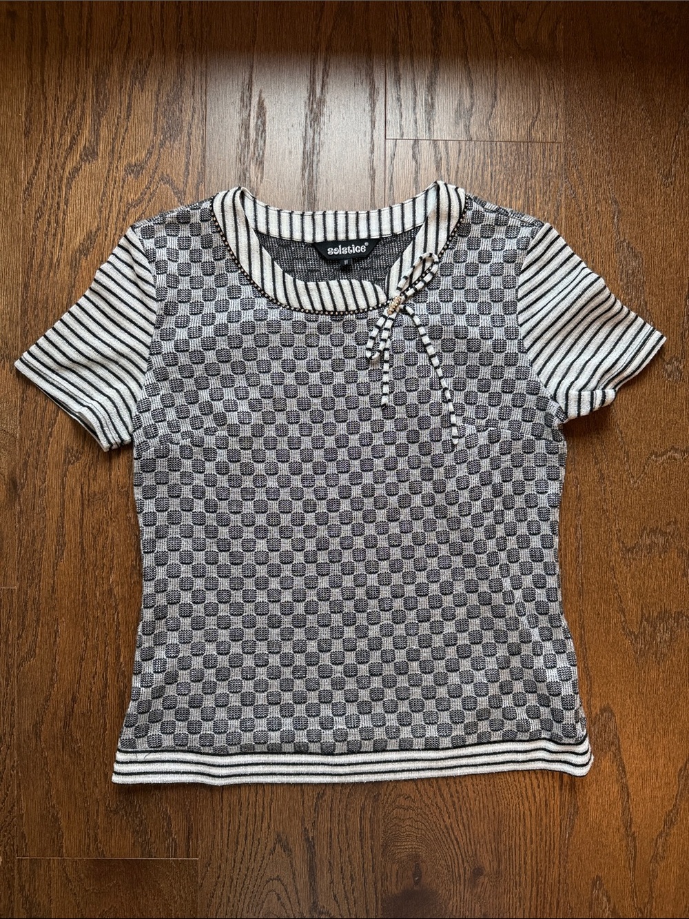 Vintage Solstice Sparkly Checker Knit Short Sleeve Top with Striped Accents